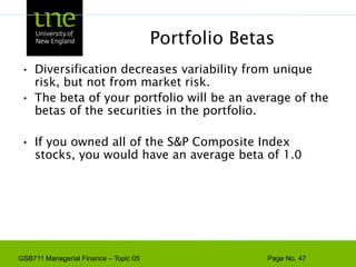 Measuring Market RiskExample - continuedWhen the market was up 1%, Turbo average % change was +0.8%When the market was down 1%, Turbo average % change was -0.8% The average change of 1.6 % (-0.8 to 0.8) divided by the 2% (-1.0 to 1.0) change in the market produces a beta of 0.8.
