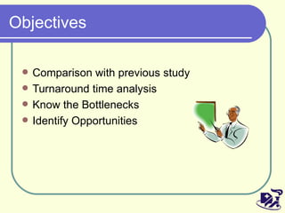 Objectives Comparison with previous study Turnaround time analysis Know the Bottlenecks Identify Opportunities 