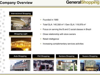 5
Founded in 1989
Total GLA: 140,358 m2 / Own GLA: 118,978 m2
Focus on serving the B and C social classes in Brazil
Close relationship with store owners
Retail intelligence
Increasing complementary services activities
Company Overview
Internacional Shopping
Shopping Light
Auto Shopping Poli Shopping Santana Shopping Suzano Shopping
 
