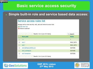 Basic service access security
 Simple built-in role and service based data access:
GWF 2015, Lisbon
27th May 2015
 