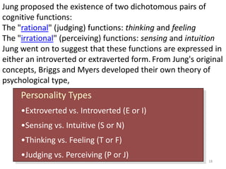 4–16The Myers-Briggs Type IndicatorThe Myers-Briggs Type Indicator (MBTI) assessment is a psychometric questionnaire designed to measure psychological preferences in how people perceive the world and make decisions. A personality test that taps four characteristics and classifies people into 1 of 16 personality types  - The world’s most widely used personality assessment, with as many as two million assessments administered annually. Fundamental to the Myers-Briggs Type Indicator is the theory of psychological type as originally developed by Carl Jung.