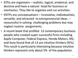 20The 16 types are typically referred to by an abbreviation of four letters—the initial letters of each of their four type preferences (except in the case of intuition, which uses the abbreviation N to distinguish it from Introversion). For instance:ESTJ: extraversion (E), sensing (S), thinking (T), judgment (J) INFP: introversion (I), intuition (N), feeling (F), perception (P) And so on for all 16 possible type combinations.