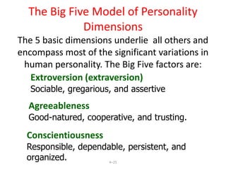 Primary traits (Robert Cattell)	1. Reserved   vs  outgoing	2. Less intelligent vs more intelligent	3.  Affected by feelings vs emotionally stable4. Submissive vs dominant5. Serious vs happy-go-lucky6. Expedient vs Conscientious7. Timid vs venturesome8. Tough-minded vs sensitive21