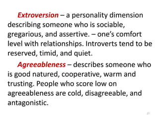 It is a 100 –question personality test that asks people how they usually feel  or act in particular situations.  Groups of EThe answers help to classify them under the 4 groups, ESTJ or INFPand further combined 16 personality types. e.g.,  INTJs are visionaries – have original minds and great drive for their own ideas and purposes – skeptical, critical, independent, determined, and often stubborn.23