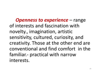 4–25The Big Five Model of Personality DimensionsThe 5 basic dimensions underlie  all others and encompass most of the significant variations in human personality. The Big Five factors are:Extroversion (extraversion)Sociable, gregarious, and assertiveAgreeablenessGood-natured, cooperative, and trusting.ConscientiousnessResponsible, dependable, persistent, and organized.