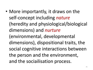 2. Psychodynamic/Psychoanalytic theory (the uncoscious determinants of behaviourBased on the work of Sigmund Freud, this theory emphasises the unconscious determinants of behaviour. Freud saw personality as the interaction between 3 elements of personality, viz., the id, ego, and superego. The id is the most primitive element, the source of drives and impulses that operates  in an uncensored manner. The superego , similar to our conscience, contains values and the ‘shoulds and should-nots’ of the personality – ongoing conflict between the id and the superego. The ego manages the conflict between the Id and the superego. 31