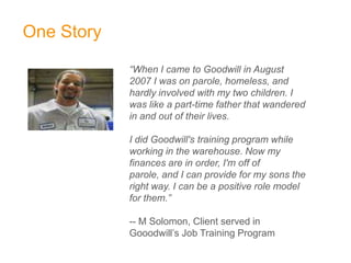 One Story

            “When I came to Goodwill in August
            2007 I was on parole, homeless, and
            hardly involved with my two children. I
            was like a part-time father that wandered
            in and out of their lives.

            I did Goodwill's training program while
            working in the warehouse. Now my
            finances are in order, I'm off of
            parole, and I can provide for my sons the
            right way. I can be a positive role model
            for them.”

            -- M Solomon, Client served in
            Gooodwill’s Job Training Program
 