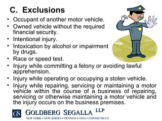 C.  Exclusions Occupant of another motor vehicle. Owned vehicle without the required  financial security.  Intentional injury.  Intoxication by alcohol or impairment  by drugs.  Race or speed test. Injury while committing a felony or avoiding lawful apprehension.  Injury while operating or occupying a stolen vehicle.  Injury while repairing, servicing or maintaining a motor vehicle within the course of a business of repairing, servicing or otherwise maintaining a motor vehicle and the injury occurs on the business premises. 