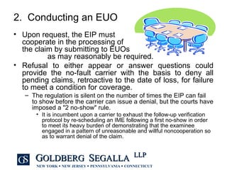 2.  Conducting an EUO Upon request, the EIP must  cooperate in the processing of  the claim by submitting to EUOs  as may reasonably be required. Refusal to either appear or answer questions could provide the no-fault carrier with the basis to deny all pending claims, retroactive to the date of loss, for failure to meet a condition for coverage. The regulation is silent on the number of times the EIP can fail  to show before the carrier can issue a denial, but the courts have imposed a "2 no-show" rule.   It is incumbent upon a carrier to exhaust the follow-up verification protocol by re-scheduling an IME following a first no-show in order to meet its heavy burden of demonstrating that the examinee engaged in a pattern of unreasonable and willful noncooperation so as to warrant denial of the claim.   