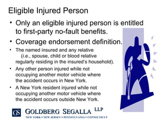 Eligible Injured Person Only an eligible injured person is entitled to first-party no-fault benefits. Coverage endorsement definition. The named insured and any relative  ( i.e. , spouse, child or blood relative  regularly residing in the insured’s household). Any other person injured while not  occupying another motor vehicle where  the accident occurs in New York. A New York resident injured while not  occupying another motor vehicle where  the accident occurs outside New York. 