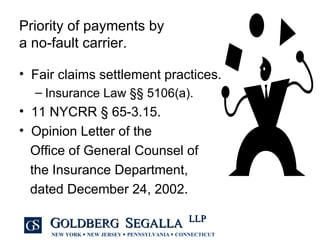 Priority of payments by  a no-fault carrier. Fair claims settlement practices. Insurance Law §§ 5106(a). 11 NYCRR § 65-3.15. Opinion Letter of the  Office of General Counsel of the Insurance Department,  dated December 24, 2002. 