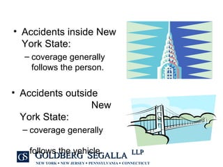 Accidents outside  New York State:  coverage generally  follows the vehicle. Accidents inside New York State:  coverage generally follows the person. 