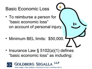 Basic Economic Loss To reimburse a person for  “basic economic loss”  on account of personal injury. Minimum BEL limits:  $50,000. Insurance Law  §  5102(a)(1) defines  “basic economic loss” as including: 