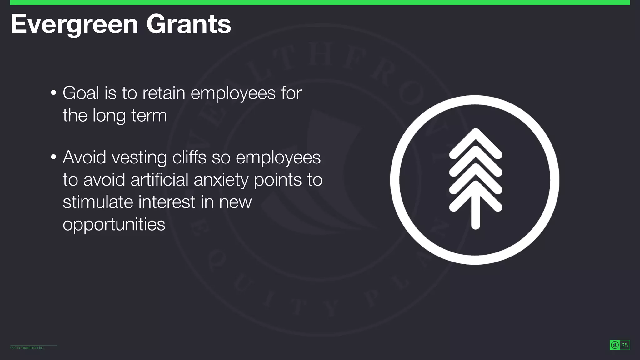 ©2014 Wealthfront Inc.
25
Evergreen Grants
• Goal is to retain employees for
the long term
• Avoid vesting cliffs so employees
to avoid artiﬁcial anxiety points to
stimulate interest in new
opportunities
 
