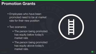 ©2014 Wealthfront Inc.
16
Promotion Grants
• Employees who have been
promoted need to be at market
rate for their new position
• Two scenarios
• The person being promoted
has equity below today’s
market rate
• The person being promoted
has equity above today’s
market rate.
 