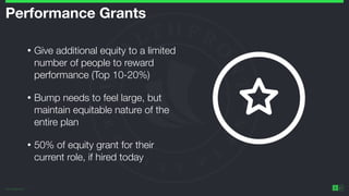©2014 Wealthfront Inc.
21
Performance Grants
• Give additional equity to a limited
number of people to reward
performance (Top 10-20%)
• Bump needs to feel large, but
maintain equitable nature of the
entire plan
• 50% of equity grant for their
current role, if hired today
 