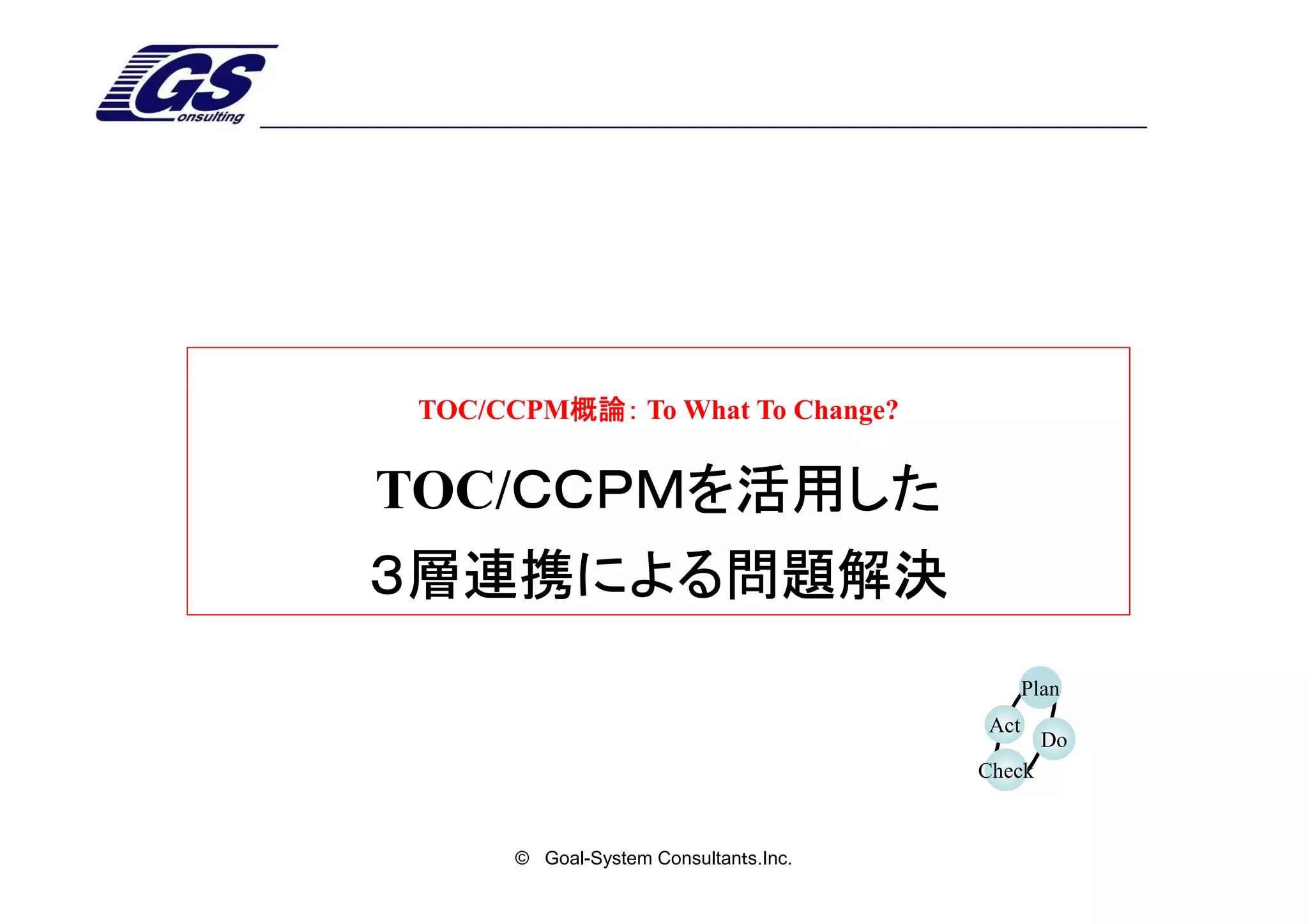 TOC/CCPM概論： To What To Change?
        概論：


TOC/ＣＣＰＭを活用した
    ＣＣＰＭを活用した
３層連携による問題解決
                                             Plan
                                       Act
                                               Do
                                       Check


      © Goal-System Consultanｔs.Inc.
 