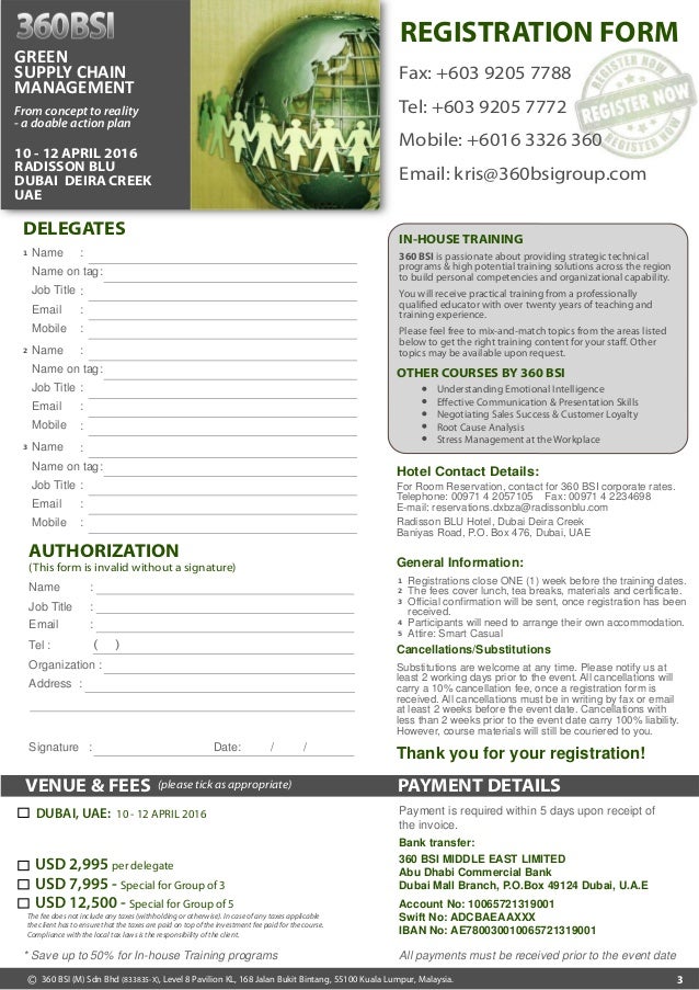 Green Supply Chain Management 10 - 12 April 2016 Dubai, UAE