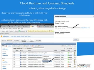 Cloud BioLinux and Genomic Standards
                                whole system snapshot exchange
share your analysis results: publicly or only with your
                     collaborators

authorized users can access the cloud VM/image with
       all the software, data, analysis results
 