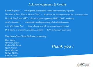 Acknowledgments & Credits
Brad Chapman      - development of the fabric scripts and community organizer
Tim Booth, Bela Tiwari, Dawn Field – BioLinux 6.0 development and EC2 documentation
Deepak Singh and AWS - education grant supporting ISMB / BOSC workshop
Justin Johnson    –   community and sponsorship of cloudbiolinux.com
J. Craig Venter Inst. - time allowed to work on an open-source project
D. Gomez, E. Navarro, J. Shao, I. Singh – JCVI technology innovation

Members of the Cloud Biolinux community:
Enis Afgan
Michael Heuer
Richard Holland
Mark Jensen                                        Thank you !
Dave Messina
Steffen Möller
Roman Valls
 