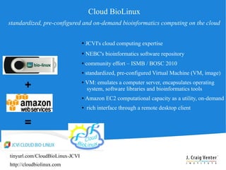 Cloud BioLinux
standardized, pre-configured and on-demand bioinformatics computing on the cloud


                                 ●   JCVI's cloud computing expertise
                                 ●   NEBC's bioinformatics software repository
                                 ●   community effort – ISMB / BOSC 2010
                                 ●   standardized, pre-configured Virtual Machine (VM, image)

      +                          ●   VM: emulates a computer server, encapsulates operating
                                     system, software libraries and bioinformatics tools
                                 ●   Amazon EC2 computational capacity as a utility, on-demand
                                 ●   rich interface through a remote desktop client

      =

tinyurl.com/CloudBioLinux-JCVI
http://cloudbiolinux.com
 