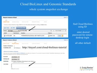 Cloud BioLinux and Genomic Standards
       whole system snapshot exchange



                                              find Cloud Biolinux
                                                   using ID

                                                  enter desired
                                              password for remote
                                                 desktop login

                                                all other default
 http://tinyurl.com/cloud-biolinux-tutorial
 