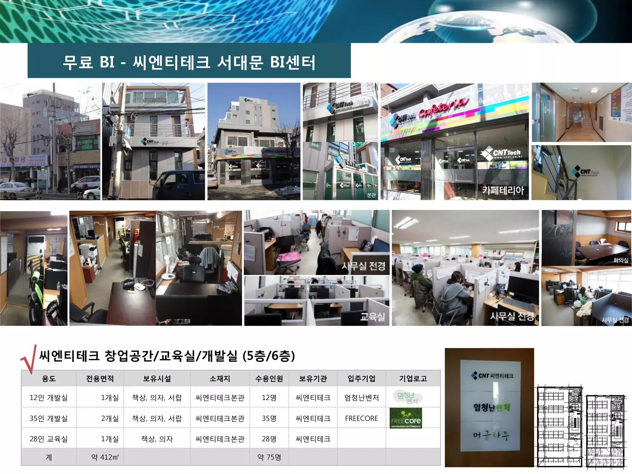 용도 전용면적 보유시설 소재지 수용인원 보유기관 입주기업 기업로고
12인 개발실 1개실 책상, 의자, 서랍 씨엔티테크본관 12명 씨엔티테크 엄청난벤처
35인 개발실 2개실 책상, 의자, 서랍 씨엔티테크본관 35명 씨엔티테크 FREECORE
28인 교육실 1개실 책상, 의자 씨엔티테크본관 28명 씨엔티테크
계 약 412㎡ 약 75명
무료 BI - 씨엔티테크 서대문 BI센터
씨엔티테크 창업공간/교육실/개발실 (5층/6층)
√
 