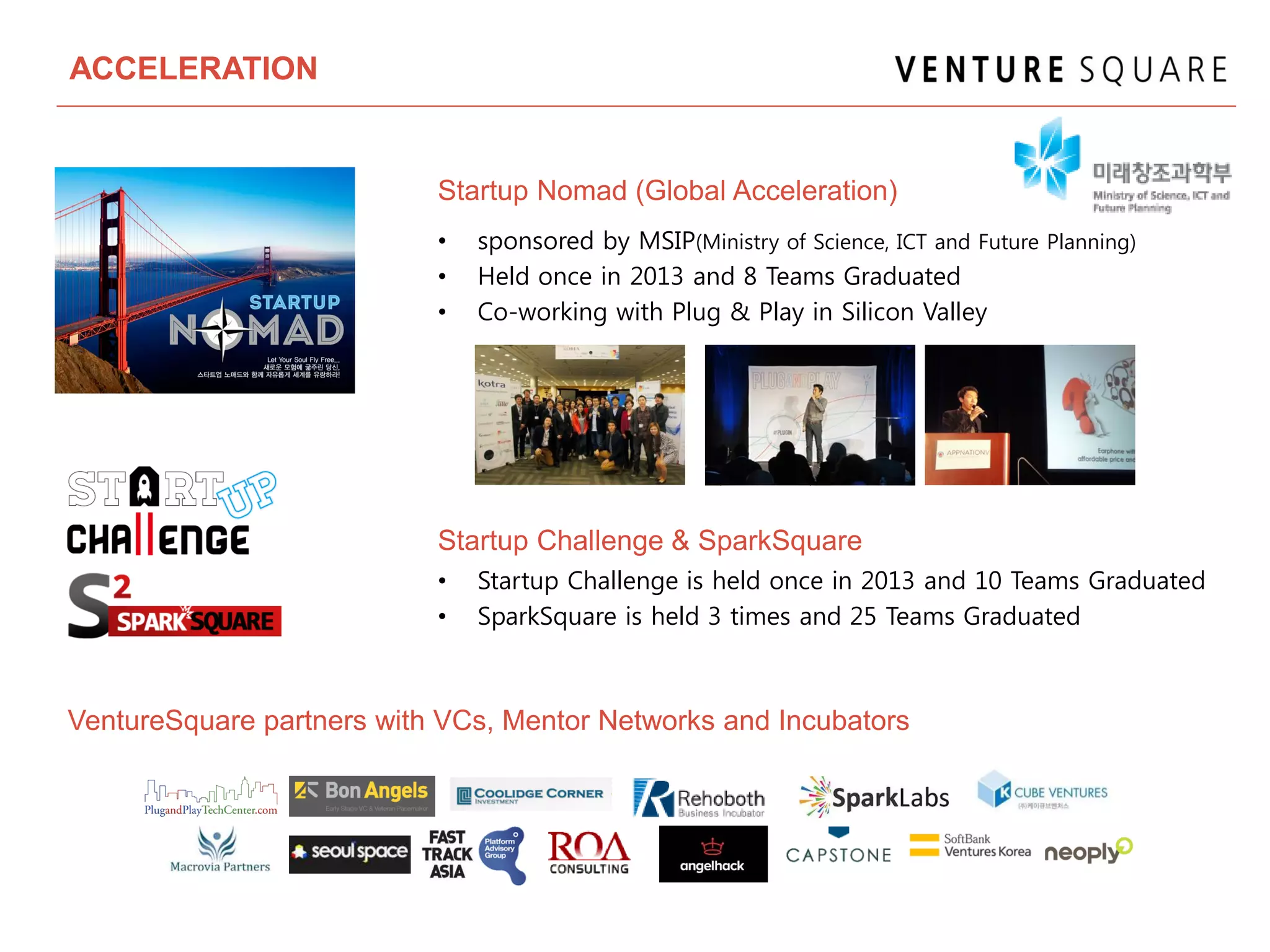 ACCELERATION
• sponsored by MSIP(Ministry of Science, ICT and Future Planning)
• Held once in 2013 and 8 Teams Graduated
• Co-working with Plug & Play in Silicon Valley
Startup Nomad (Global Acceleration)
Startup Challenge & SparkSquare
• Startup Challenge is held once in 2013 and 10 Teams Graduated
• SparkSquare is held 3 times and 25 Teams Graduated
VentureSquare partners with VCs, Mentor Networks and Incubators
 