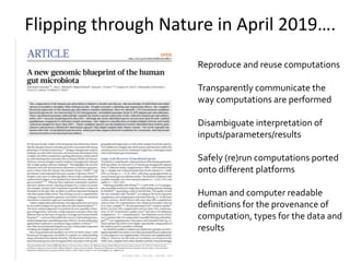 Flipping through Nature in April 2019….
Reproduce and reuse computations
Transparently communicate the
way computations are performed
Disambiguate interpretation of
inputs/parameters/results
Safely (re)run computations ported
onto different platforms
Human and computer readable
definitions for the provenance of
computation, types for the data and
results
 