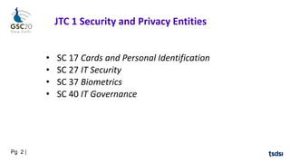 Pg 2 |
JTC 1 Security and Privacy Entities
• SC 17 Cards and Personal Identification
• SC 27 IT Security
• SC 37 Biometrics
• SC 40 IT Governance
 