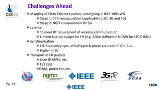 Pg 13 |
Challenges Ahead
 Mapping of FH to Ethernet packet, undergoing in IEEE 1904 WG
 Stage 1: CPRI encapsulation (applicable to 2G, 3G and 4G)
 Stage 2: NGFI encapsulation for 5G
 Latency
 To meet RT requirement of wireless communication
 Limited latency budget for FH (e.g. 250us defined in NGMN for LTE C-RAN)
 Synchronization
 LTE Frequency sync. of 0.05ppm & phase accuracy of +/-1.5us
 Higher in 5G
 Transport of FH packets
 Over IP, MPLS, etc.
 E2E QoS
O&M, protection etc.
 