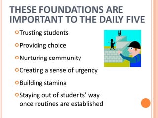 THESE FOUNDATIONS ARE IMPORTANT TO THE DAILY FIVE Trusting students Providing choice Nurturing community Creating a sense of urgency Building stamina Staying out of students’ way once routines are established 
