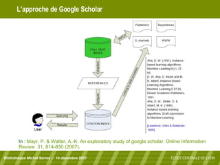 L’approche de Google Scholar  Bibliothèque Michel Serres ::  14 décembre 2007 In :  Mayr, P. & Walter, A.-K. An exploratory study of google scholar. Online Information Review  31, 814-830 (2007). 