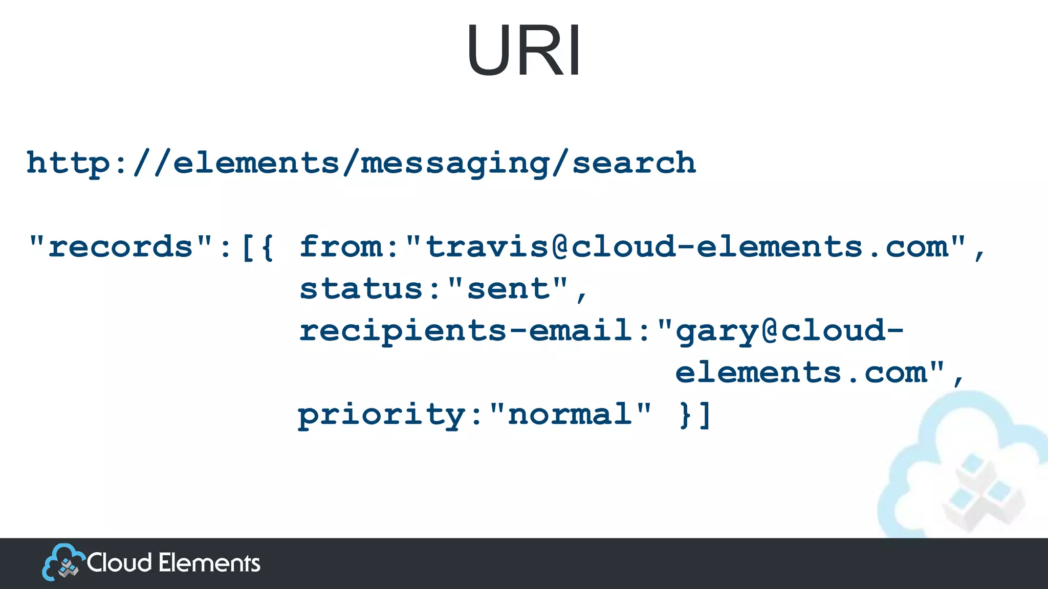 URI
http://elements/messaging/search
"records":[{ from:"travis@cloud-elements.com",
status:"sent",
recipients-email:"gary@cloud-
elements.com",
priority:"normal" }]
 