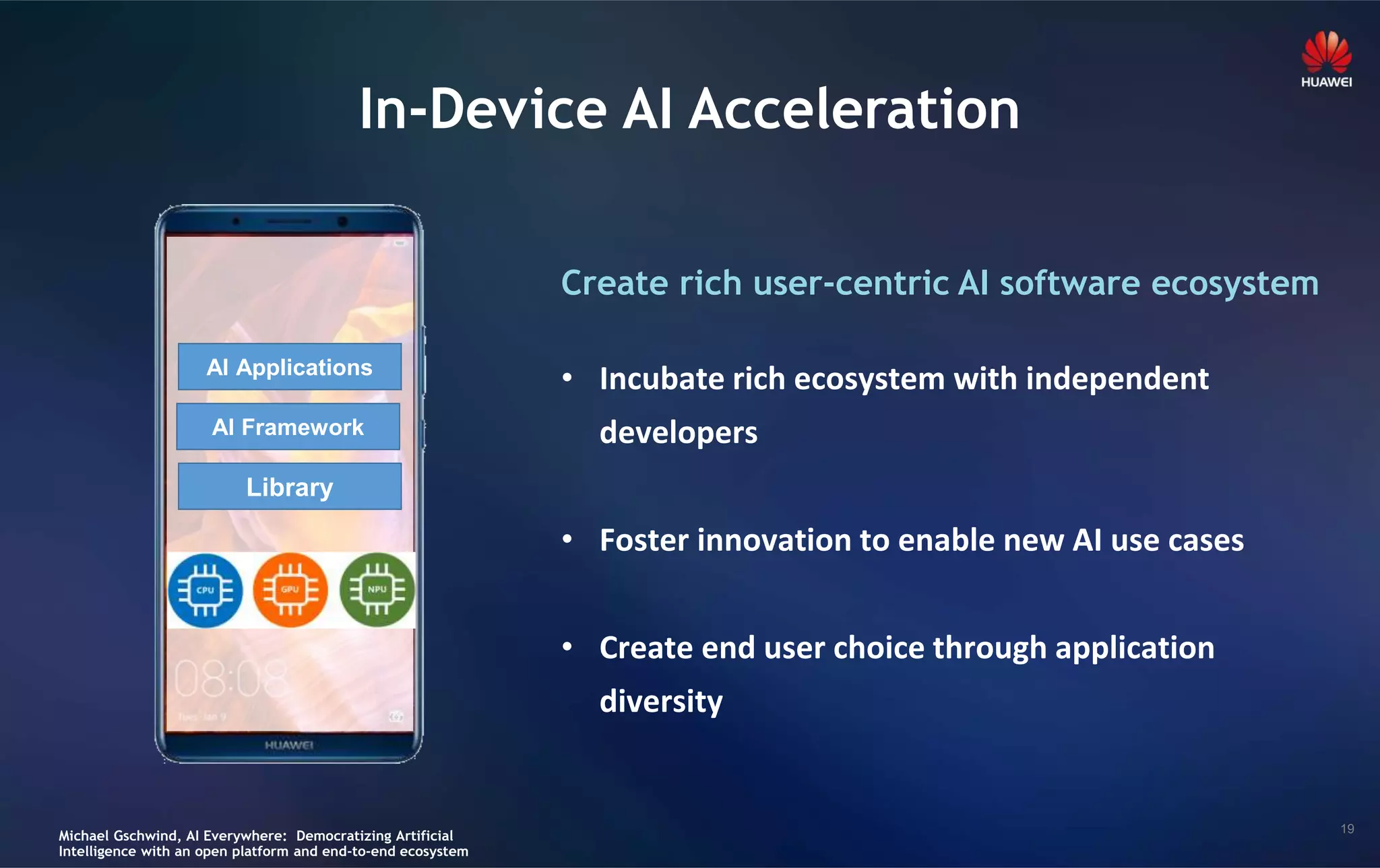 19
In-Device AI Acceleration
• Incubate rich ecosystem with independent
developers
• Foster innovation to enable new AI use cases
• Create end user choice through application
diversity
AI Applications
AI Framework
Library
Create rich user-centric AI software ecosystem
Michael Gschwind, AI Everywhere: Democratizing Artificial
Intelligence with an open platform and end-to-end ecosystem
 
