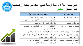 ‫تامین‬ ‫زنجیره‬ ‫مدیریت‬ ‫سازمانی‬ ‫های‬ ‫مزیت‬‫سبز‬
‫ها‬ ‫مزیت‬ ‫نمونه‬ ‫مزیت‬‫ها‬
‫انرژی‬ ‫های‬ ‫هزینه‬‫ای‬ ‫بیمه‬ ‫های‬ ‫هزینه‬ ،‫اولیه‬ ‫مواد‬ ‫و‬ ‫هزینه‬ ‫کاهش‬‫ها‬
‫کاهش‬‫آلودگی‬ ‫خطرات‬ ‫کاهش‬‫ریسک‬
‫طبیعی‬ ‫های‬ ‫تهویه‬ ‫و‬ ‫روشنایی‬ ‫از‬ ‫استفاده‬ ‫وری‬ ‫بهره‬ ‫بهبود‬
‫هزینه‬ ‫کاهش‬‫عملیاتی‬ ‫های‬ ‫افزوده‬ ‫ارزش‬ ‫افزایش‬
‫فرهنگی‬ ‫جنبه‬ ‫ارتقا‬–‫وقار‬ ‫و‬ ‫اجتماعی‬‫سازمان‬ ‫سازمان‬ ‫از‬ ‫عمومی‬ ‫تصور‬ ‫بهبود‬
‫پرخطر‬ ‫های‬ ‫فرآیند‬ ‫و‬ ‫ها‬ ‫آالینده‬ ‫انتشار‬ ‫کاهش‬ ‫محیط‬ ‫ایجاد‬‫سالمتر‬ ‫زیست‬
 