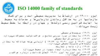 ISO 14000 family of standards
‫ایزو‬14۰۰۰‫کمک‬ ‫برای‬ ‫و‬ ‫است‬ ‫محیطی‬ ‫مدیریت‬ ‫با‬ ‫ارتباط‬ ‫در‬‫سازمانه‬‫ا‬‫و‬ ‫ها‬‫نارسایی‬ ‫رساندن‬ ‫حداقل‬ ‫به‬ ‫در‬
‫محیط‬ ‫به‬ ‫صدمات‬‫با‬‫باشد‬‫می‬ ‫زیست‬ ‫محیط‬ ‫حفظ‬ ‫با‬ ‫رابطه‬ ‫در‬ ‫جهان‬ ‫و‬ ‫ها‬‫دولت‬ ‫رسمی‬ ‫قوانین‬ ‫اجابت‬.
‫ایزو‬14۰2۰:‫محیطی‬ ‫های‬‫برچسب‬
‫ایزو‬14۰3۰:‫پردازد‬‫می‬ ‫محصوالت‬ ‫تولید‬ ‫عواقب‬ ‫و‬ ‫نتایج‬ ‫بررسی‬ ‫مورد‬ ‫در‬ ‫بحث‬ ‫به‬
‫ایزو‬14۰31:‫محیطی‬ ‫شرایط‬ ‫ارزیابی‬
‫ایزو‬ ‫سری‬14۰4۰(‫ایزو‬14۰4۰‫تا‬14۰44)‫پردازد‬‫می‬ ‫محیطی‬ ‫مدیریت‬ ‫های‬‫زمینه‬ ‫مورد‬ ‫در‬ ‫بحث‬ ‫به‬ ‫که‬ ‫حیات‬ ‫چرخه‬ ‫ارزیابی‬.
‫ایزو‬14۰۵۰:‫تعاریف‬ ‫و‬ ‫نامه‬ ‫واژه‬
‫ایزو‬14۰۶2:‫پردازد‬‫می‬ ‫محیط‬ ‫در‬ ‫بهبود‬ ‫ایجاد‬ ‫درباره‬ ‫بحث‬ ‫به‬
‫ایزو‬14۰۶3:‫ایزو‬ ‫به‬ ‫ایزو‬ ‫این‬14۰2۰‫پردازد‬‫می‬ ‫محیطی‬ ‫تاثیرات‬ ‫و‬ ‫عواقب‬ ‫درباره‬ ‫و‬ ‫است‬‫شده‬ ‫الحاق‬.
‫ایزو‬14۰۶4‫سال‬ ‫یک‬ ‫شماره‬2۰۰۶:‫ای‬‫گلخانه‬ ‫گازهای‬ ‫به‬ ‫مربوط‬-‫دهد‬‫می‬ ‫ارائه‬ ‫ای‬‫گلخانه‬ ‫گازهای‬ ‫نابودی‬ ‫و‬ ‫دفع‬ ‫برای‬ ‫راهنماهایی‬ ‫و‬ ‫تعارف‬.
‫ایزو‬14۰۶4‫سال‬ ‫دو‬ ‫شماره‬2۰۰۶:‫ای‬‫گلخانه‬ ‫گازهای‬ ‫به‬ ‫مربوط‬
‫ایزو‬14۰۶4‫سال‬ ‫سه‬ ‫شماره‬2۰۰۶:‫ای‬‫گلخانه‬ ‫گازهای‬ ‫به‬ ‫مربوط‬-‫گازهای‬ ‫اظهارنامه‬ ‫تشخیص‬ ‫و‬ ‫ارزیابی‬ ‫زمینه‬ ‫در‬ ‫هایی‬‫راهنمایی‬ ‫به‬ ‫مربوط‬
‫ای‬‫گلخانه‬
 