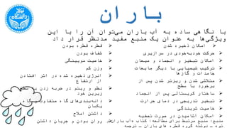 ‫باران‬
‫مدن‬ ‫مفید‬ ‫منبع‬ ‫یک‬ ‫عنوان‬ ‫به‬ ‫ها‬‫ویژگی‬ ‫این‬ ‫با‬ ‫را‬ ‫آن‬ ‫توان‬‫می‬ ‫باران‬ ‫آب‬ ‫به‬ ‫ساده‬ ‫نگاهی‬ ‫با‬‫داد‬ ‫قرار‬ ‫ظر‬
‫بودن‬ ‫قطره‬ ‫قطره‬
‫بودن‬ ‫شفاف‬
‫مویینگی‬ ‫خاصیت‬
‫کم‬ ‫وزن‬
‫ارتفاع‬ ‫از‬ ‫افتادن‬ ‫اثر‬ ‫در‬ ‫شده‬ ‫ذخیره‬ ‫انرژی‬
‫خود‬ ‫زیرین‬ ‫سطح‬ ‫به‬ ‫زدن‬ ‫ضربه‬ ‫در‬ ‫ریتم‬ ‫و‬ ‫نظم‬
‫یکسان‬ ‫گاه‬ ‫و‬ ‫متفاوت‬ ‫گاه‬ ‫های‬‫بندی‬‫دانه‬
‫امالح‬ ‫داشتن‬
‫داشتن‬ ‫جریان‬ ‫و‬ ‫بودن‬ ‫روان‬
‫شدن‬ ‫ذخیره‬ ‫امکان‬
‫سرازیری‬ ‫در‬ ‫خودی‬‫خودبه‬ ‫حرکت‬
‫میعان‬ ‫و‬ ‫انجماد‬ ‫و‬ ‫تبخیر‬ ‫امکان‬
‫دیگر‬ ‫با‬ ‫شیمیایی‬ ‫ترکیب‬‫جامدات‬ ‫مایعات‬‫گازها‬ ‫و‬
‫سطح‬ ‫با‬ ‫برخورد‬ ‫از‬ ‫پس‬ ‫شدن‬ ‫ریزتر‬ ‫و‬ ‫شدن‬ ‫متالشی‬
‫انجماد‬ ‫از‬ ‫پس‬ ‫کریستالی‬ ‫ساختار‬
‫حرارت‬ ‫دمای‬ ‫در‬ ‫تدریجی‬ ‫تبخیر‬
‫شویندگی‬ ‫خاصیت‬
‫تصفیه‬ ‫صورت‬ ‫در‬ ‫آشامیدن‬ ‫امکان‬
‫منبع‬:‫مطالعه‬ ‫برای‬ ‫مرتبط‬ ‫منبع‬:‫کتاب‬«‫تو‬ ‫و‬ ‫باران‬ ‫آب‬»‫ب‬ ‫های‬ ‫قطره‬ ‫گروه‬ ‫نوشته‬ ‫ـ‬‫ـ‬ ‫اران‬
‫اول‬ ‫چاپ‬ ‫ـ‬ ‫رسا‬ ‫انتشارات‬ ‫ـ‬ ‫اکبری‬ ‫محمدحسین‬ ‫ترجمه‬:138۵‫شابک‬ ‫ـ‬9789۶4317۶347
 