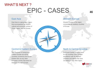 Western Europe is the region
comprising the westerly countries
of Europe.
Western Europe
East Asia is a geographic region
that encompasses the ancient
cultural and economic centres of
China, Japan, and the Koreas.
East Asia
North and Central America stand
for the countries USA; Canada
and Mexico with its adjacent
countries and islands that does
not belong to any other region.
North & Central America
The countries of Central and
Eastern Europe are all the
countries covered by the former
Eastern bloc as any other
European country that does not
belong to Western Europe.
Central & Eastern Europe
EPIC - CASES
WHAT‘S NEXT ?
46
 