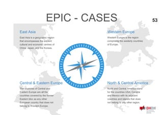 Western Europe is the region
comprising the westerly countries
of Europe.
Western Europe
East Asia is a geographic region
that encompasses the ancient
cultural and economic centres of
China, Japan, and the Koreas.
East Asia
North and Central America stand
for the countries USA; Canada
and Mexico with its adjacent
countries and islands that does
not belong to any other region.
North & Central America
The countries of Central and
Eastern Europe are all the
countries covered by the former
Eastern bloc as any other
European country that does not
belong to Western Europe.
Central & Eastern Europe
EPIC - CASES 53
 