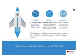 TESLA spend several
years to understand
the large market –
before they entered.
ANALYSE
01
From battery cells to the gear
box more than 250 patents
were awarded to TESLA
delivering a comprehensive,
yet proprietary technology
EXECUTE
02
A culture of relentless
& disruptive product
approach mixed with
an re-invented
customer experience
IMPLEMENT
03
TESLA‘s vision: create the most compelling car company of
the 21st century by driving the world‘s transition to electric
vehicles.
“Second place should need a telescope to see us” –Elon Musk
59
 