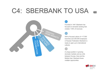 01
Founded in 1841 Sberbank has
focused on domestic banking that
creates > 95% of revenues
02
With a focused culture of >17.500
branches and 200.000 employees
in Russian Federation Sberbank is
ready to open up to international
cultures
03
A unique position in growing
domestic markets and as a link
between Europe, Asia and the
Middle East. Sberbank faces
multiple opportunities
60C4: SBERBANK TO USA
 