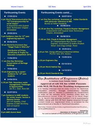 Volume 2 Issue 6 GSC News April 2016
３ | P a g e
Forthcoming Events
 17/05/2016
6 pm World Telecommunication Day
“ICT Entrepreneurship for
social impact”
In Association with Gujarat
State Technicians’ Chapter ,
Ahmedabad
 29/05/2016
5 pm Guidance class for 12th
pass
engineering aspirants
 05/06/2016
10 am World Environment Day:
“Illegal Trade in Wild Life”
Distribution of Prizes,
Certificates & Trophy for
Elocution Competition 2016
 11/06/2016
11 am One Day Workshop:
Conservation of Heritage
Buildings
 19/06/2016
10 am Engineering as career:
Guidance for 10th
pass
students
 24/06/2016
6.30 pm Talk: Hazardous waste
management: Challenges
& Opportunities
Shri R.J. Shah, Retd SDC
 02/07/2016
7 pm Guidance to AMIE students
for winter exams: Section A
Diploma Stream
Shri V.P. Kapadia, Chief
Engineer & Addl Secretary,
Govt of Gujarat
 02/07/2016
8 pm AMIE Alumni Meet
Forthcoming Events contd…..
 30/07/2016
11 am One Day workshop: Awareness of Indian Standards
with particular reference to NBC
Bureau of Indian Standards
 05/08/2016
10.30 am One Day workshop: Floods & Disaster Management
In Association with Gujarat State Technicians’
Chapter, Ahmedabad
 06/08/2016
11.00 am Talk: Floods & Disaster Management
Dr I Satyanarayana Raju,Former Chief
Engineer, Government of Andhra Pradesh
Venue: Govt Engg College, Patan
 09/09/2016
6.30 pm Talk : Energy efficiency in Electrical Utilities
Prof Ravi Yadav, BITE, Vadodara
 15/09/2016
6.30 pm Engineers Day
 03/10/2016
6.30 pm World Habitat Day
 14/10/2016
6.30 pm World Standards Day
 14/12/2016
Energy Conservation Day
 01/01/2017
7.0 pm Guidance class for AMIE Summer batch
8.0 pm AMIE Alumni Get Together
 