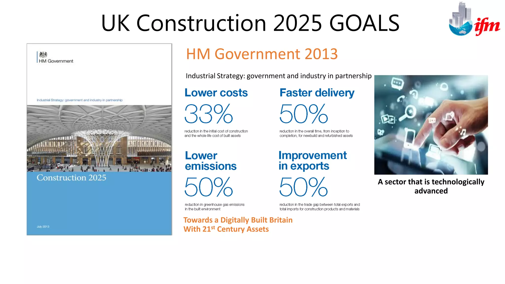 UK Construction 2025 GOALS
HM Government 2013
Industrial Strategy: government and industry in partnership
Towards a Digitally Built Britain
With 21st Century Assets
A sector that is technologically
advanced
 