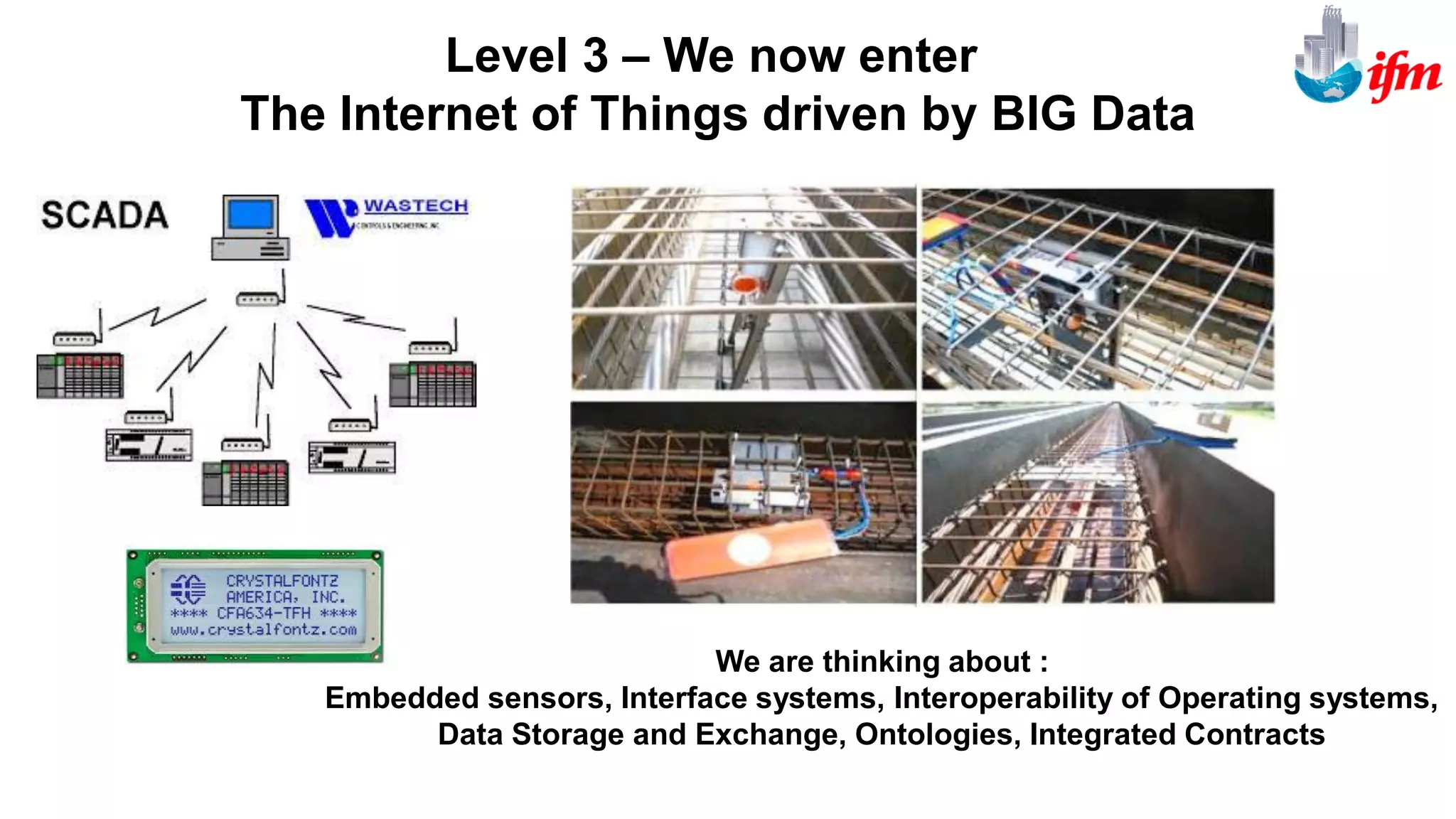 We are thinking about :
Embedded sensors, Interface systems, Interoperability of Operating systems,
Data Storage and Exchange, Ontologies, Integrated Contracts
Level 3 – We now enter
The Internet of Things driven by BIG Data
 
