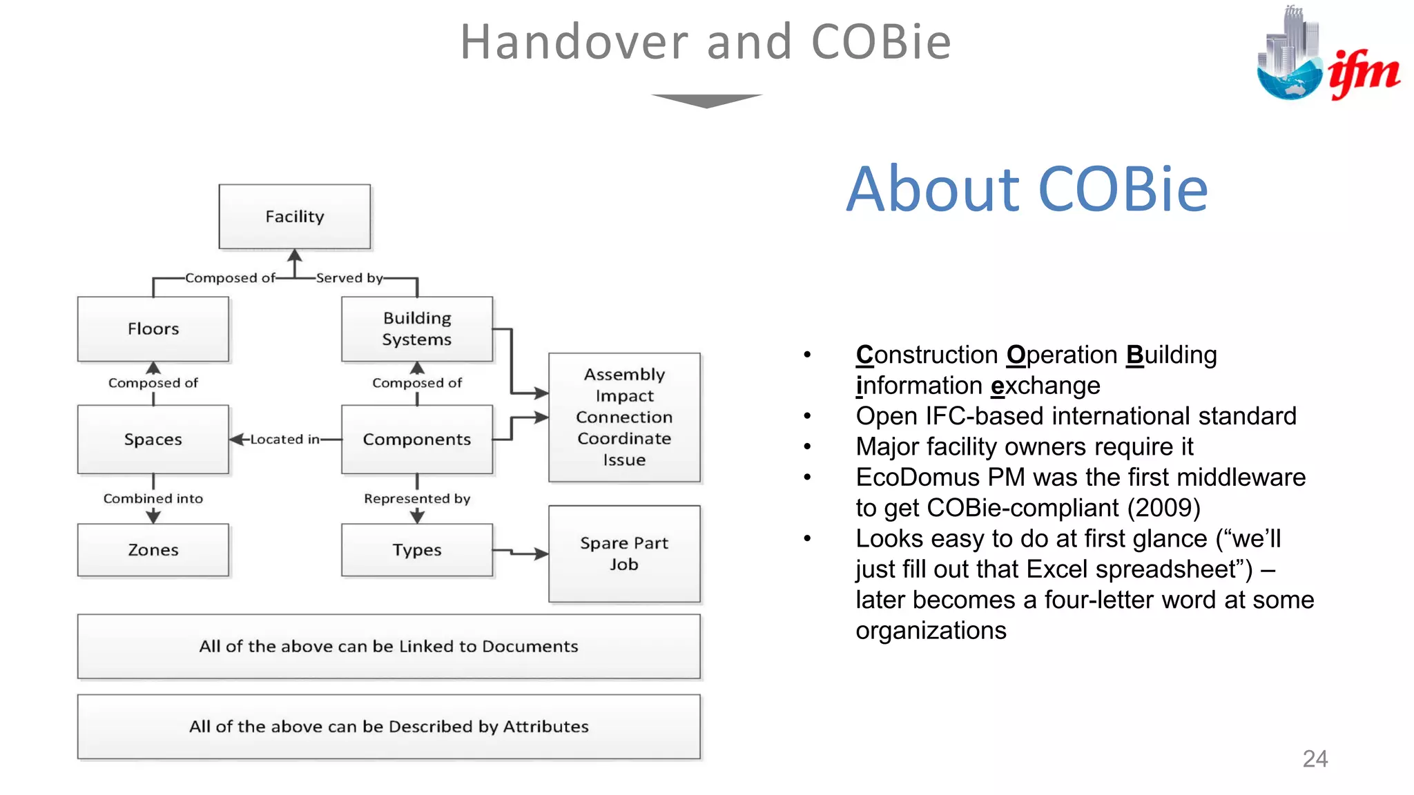 About COBie
• Construction Operation Building
information exchange
• Open IFC-based international standard
• Major facility owners require it
• EcoDomus PM was the first middleware
to get COBie-compliant (2009)
• Looks easy to do at first glance (“we’ll
just fill out that Excel spreadsheet”) –
later becomes a four-letter word at some
organizations
Handover and COBie
24
 
