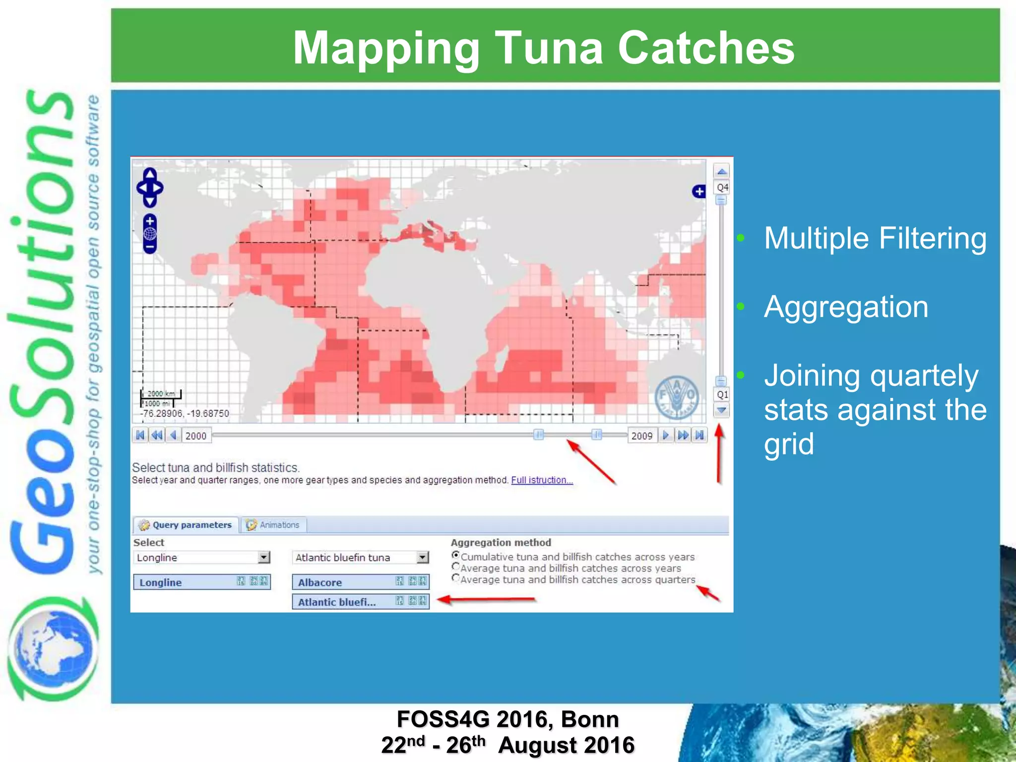 Mapping Tuna Catches • Multiple Filtering • Aggregation • Joining quartely stats against the grid FOSS4G 2016, Bonn 22nd - 26th August 2016 