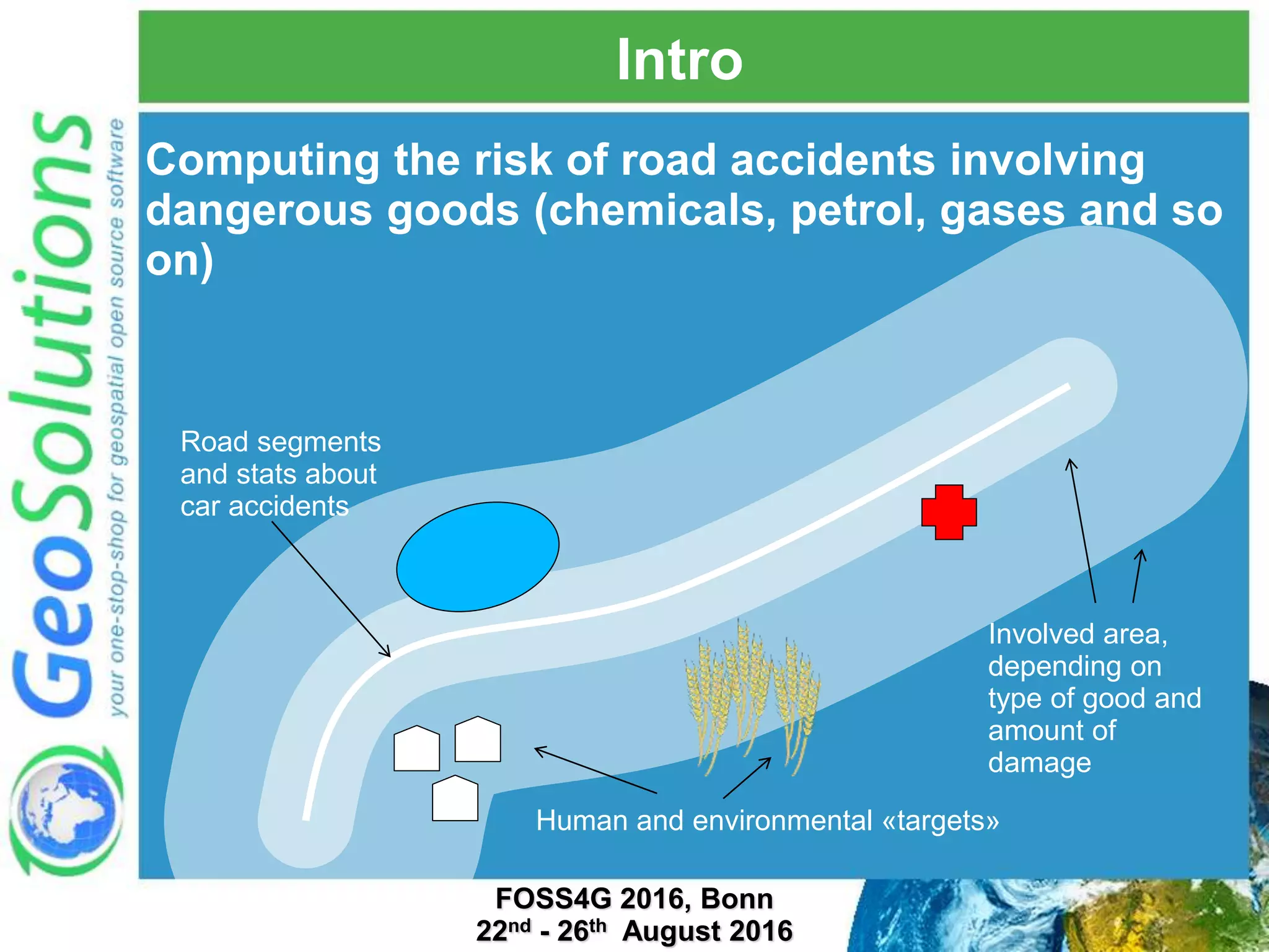 Intro Computing the risk of road accidents involving dangerous goods (chemicals, petrol, gases and so on) Road segments and stats about car accidents Human and environmental «targets» Involved area, depending on type of good and amount of damage FOSS4G 2016, Bonn 22nd - 26th August 2016 