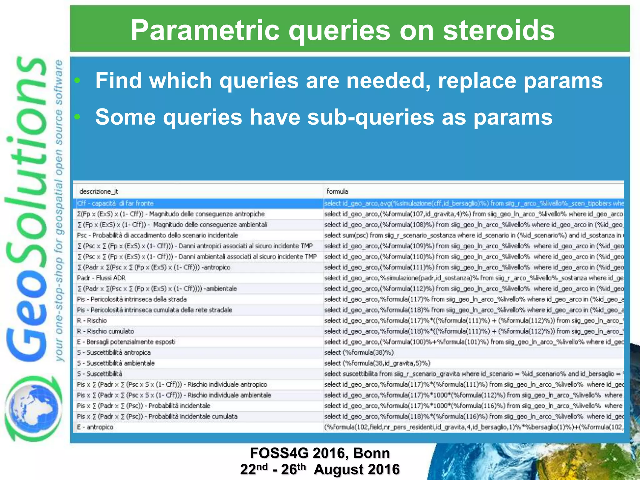 Parametric queries on steroids • Find which queries are needed, replace params • Some queries have sub-queries as params FOSS4G 2016, Bonn 22nd - 26th August 2016 