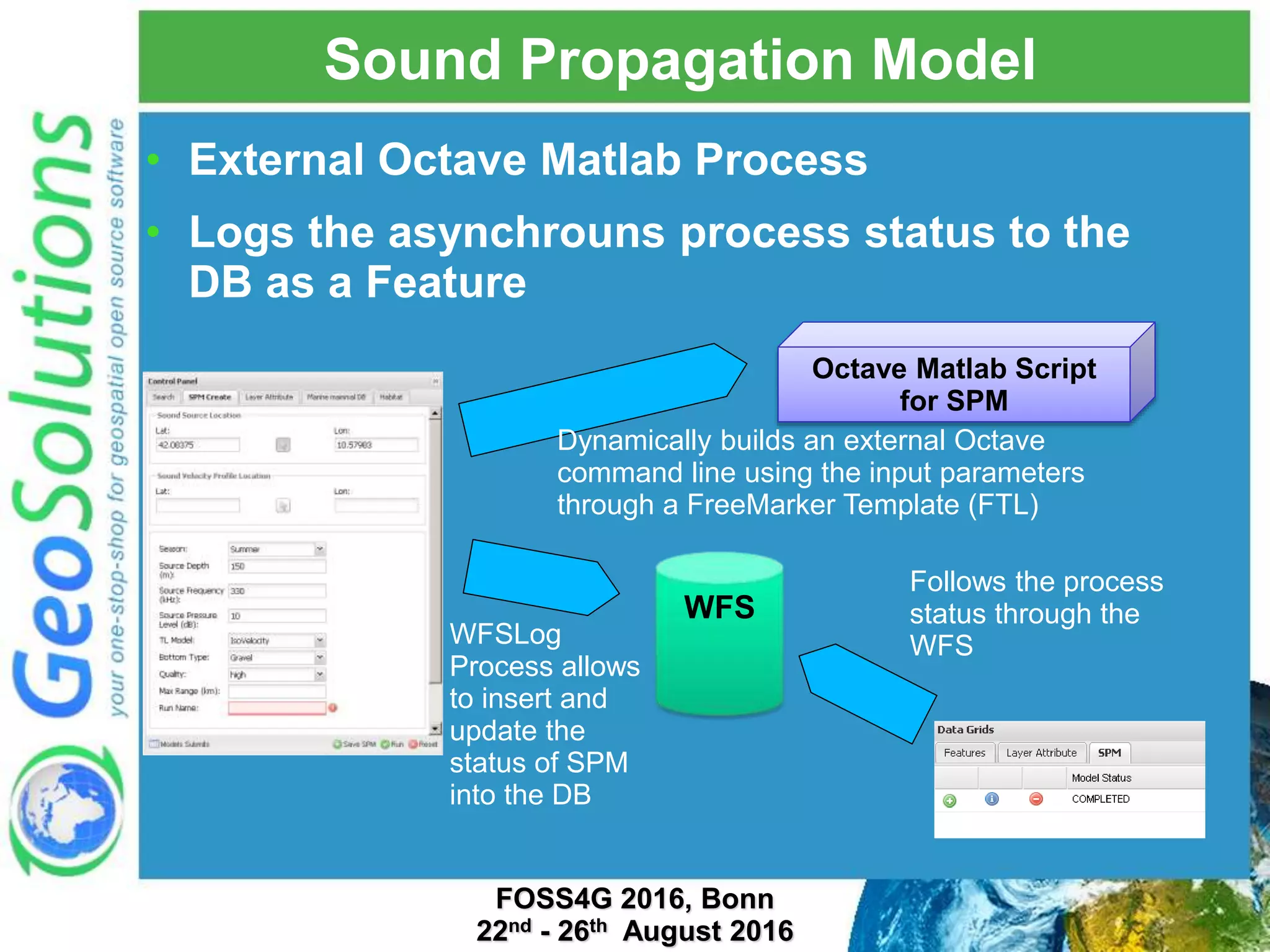 Sound Propagation Model • External Octave Matlab Process • Logs the asynchrouns process status to the DB as a Feature Octave Matlab Script for SPM WFS Follows the process status through the WFSWFSLog Process allows to insert and update the status of SPM into the DB Dynamically builds an external Octave command line using the input parameters through a FreeMarker Template (FTL) FOSS4G 2016, Bonn 22nd - 26th August 2016 
